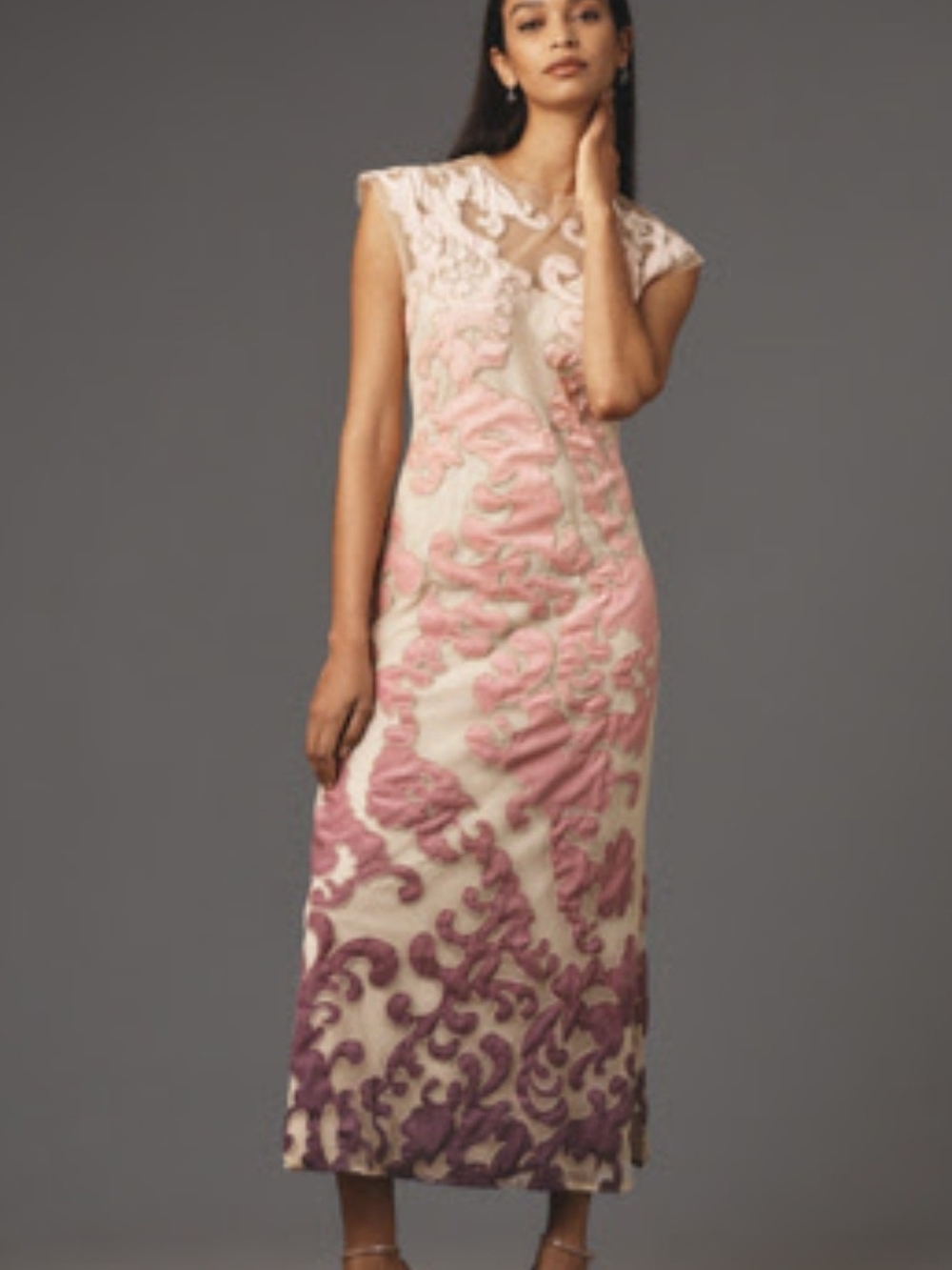 Anthropologie Cream Maxi Dress with Pink to Purple Ombre Embroidery